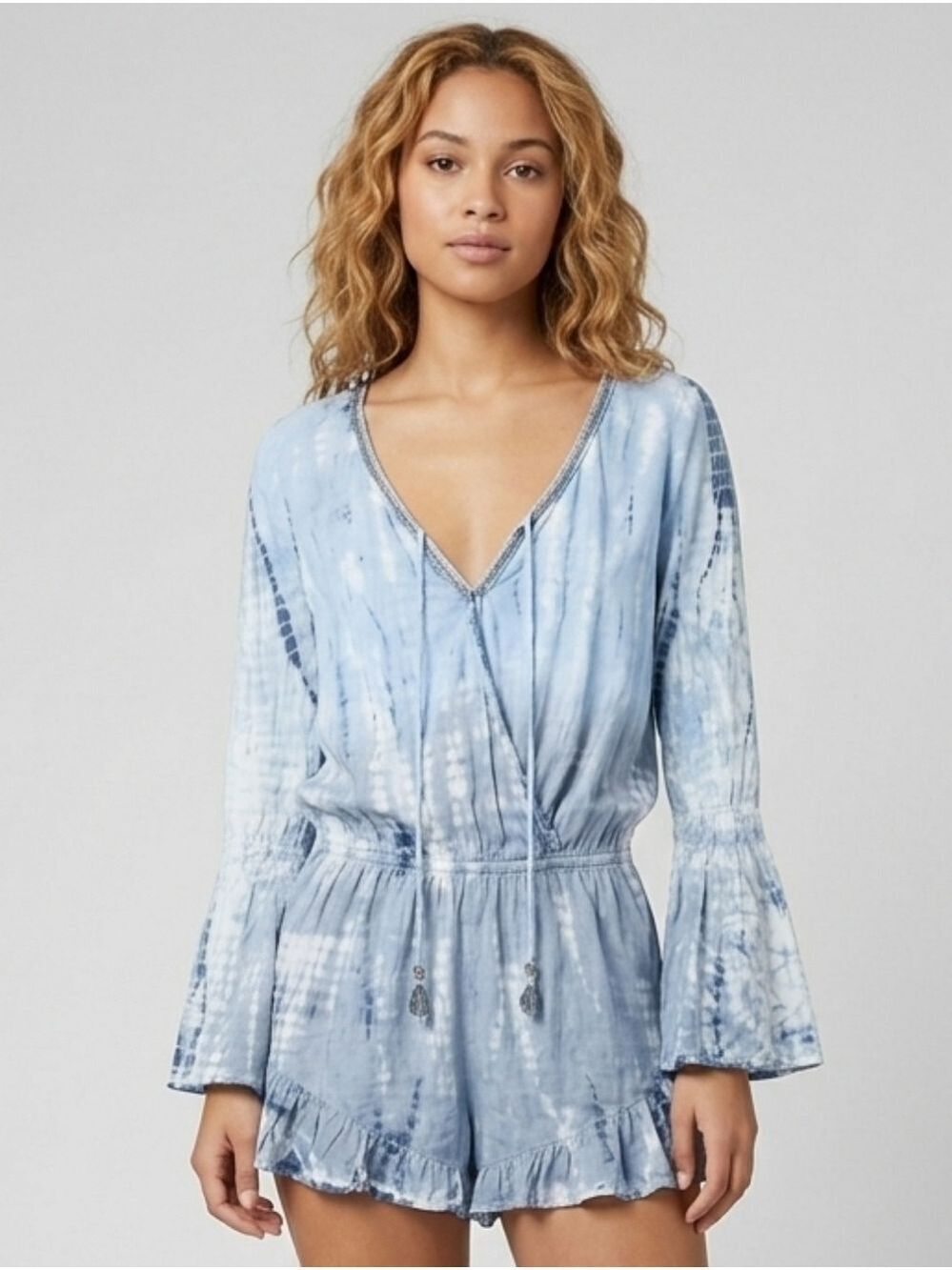 Surf Gypsy Light Blue Tie Dye Romper V Neck Bell Sleeve Ruffled Shorts